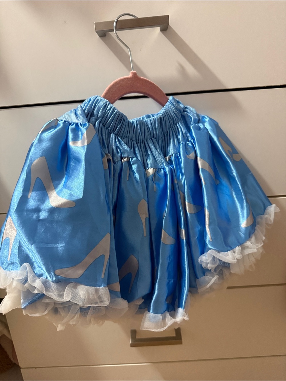 Blue Satin Puff Skirt with White Shoe Print and Ruffle Hem (Cinderella)